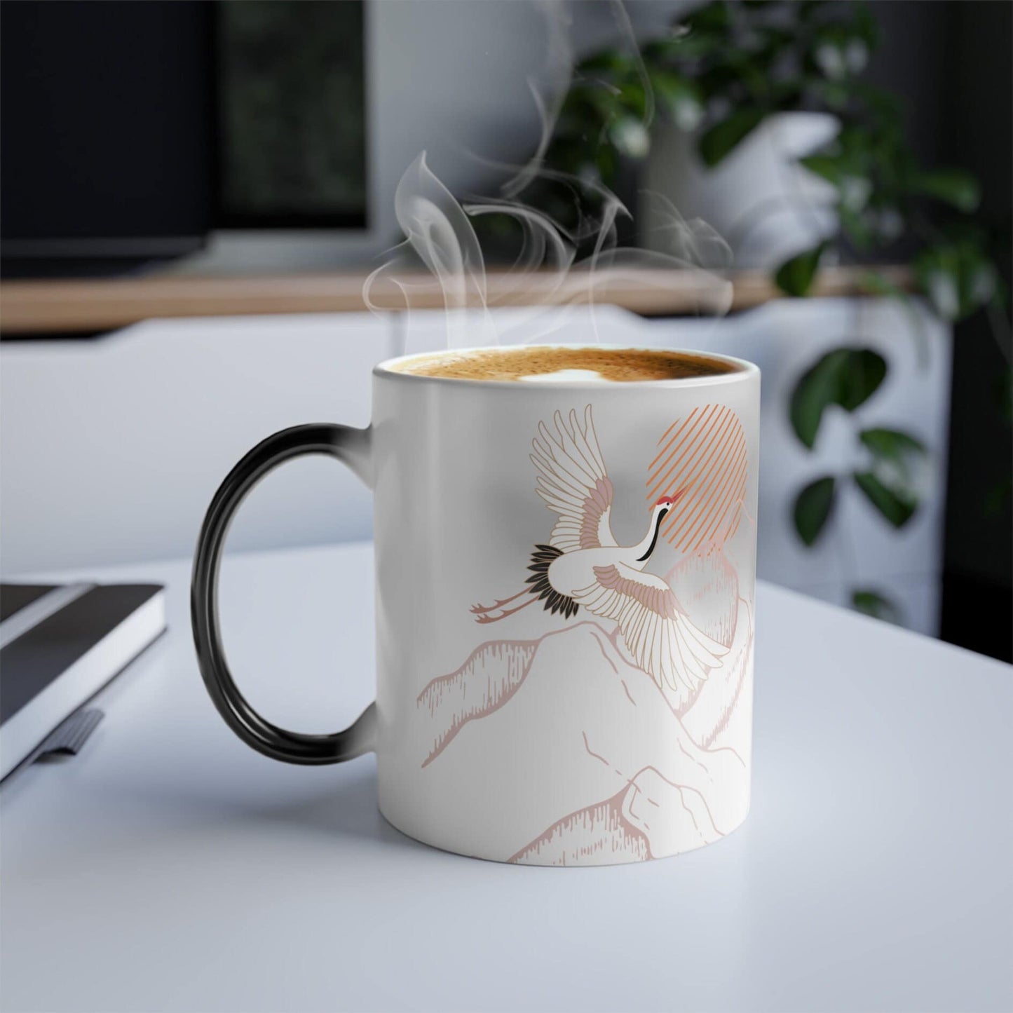 Beautiful Japanese Crane Color Changing Mug, Rising Sun Coffee Tea Gift, Japanese Art, Japandi Style Mug, Asian Coffee Mug - JuzBecuzStationery