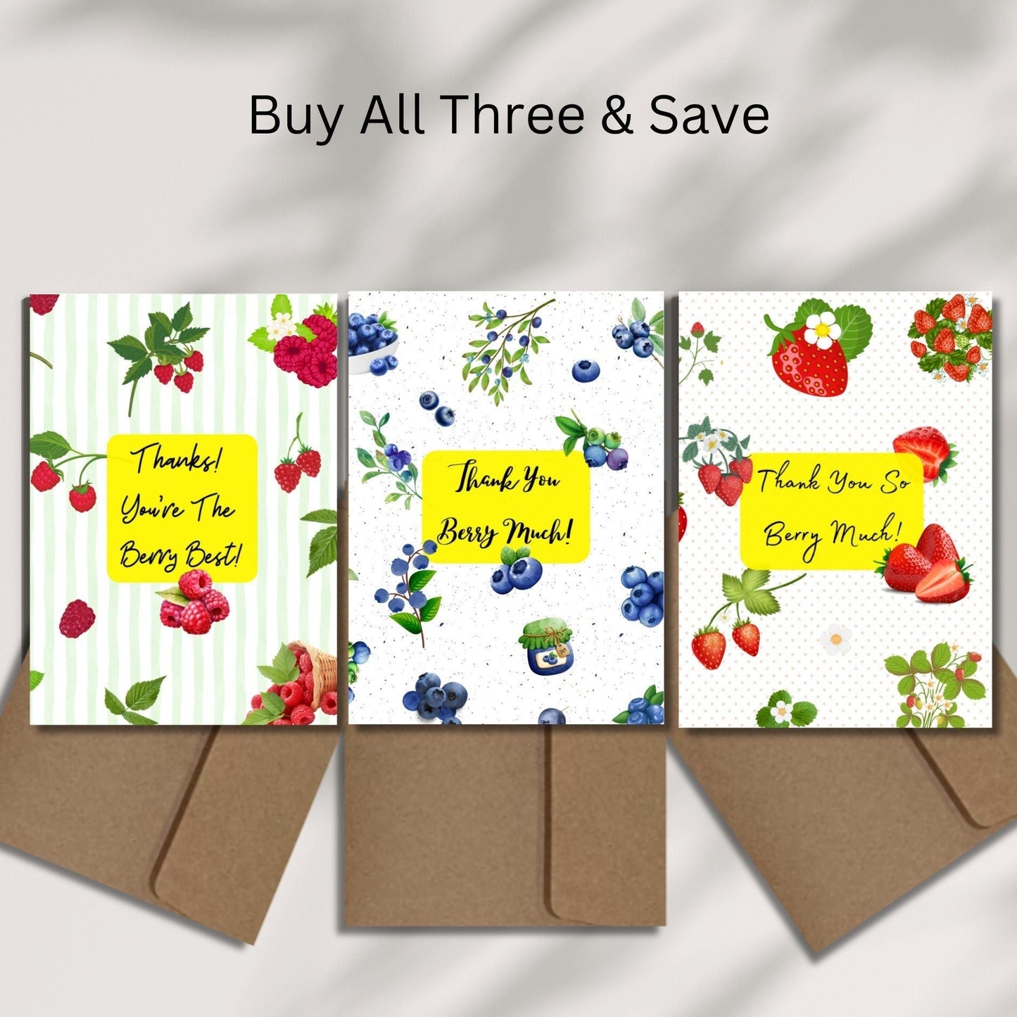 Berry Thank You Cards, Strawberry Thank You Card, Blueberry Card, Raspberry Card, Summer Fruit Gratitude Card, Gardencore Appreciation Gift - JuzBecuzStationery