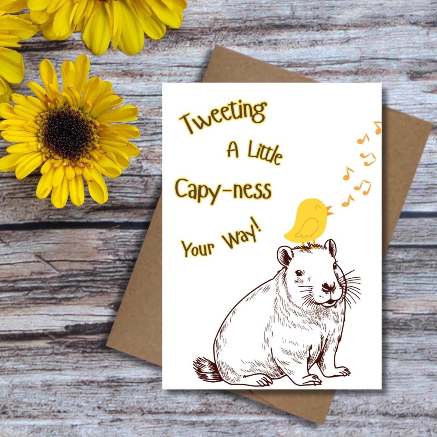 Cute Capybara Encouragement Card, Capyness Pun Get Well Card, Punny Animal Cheer - Up Greeting Card, Tweeting Bird Friendship Card - JuzBecuzStationery