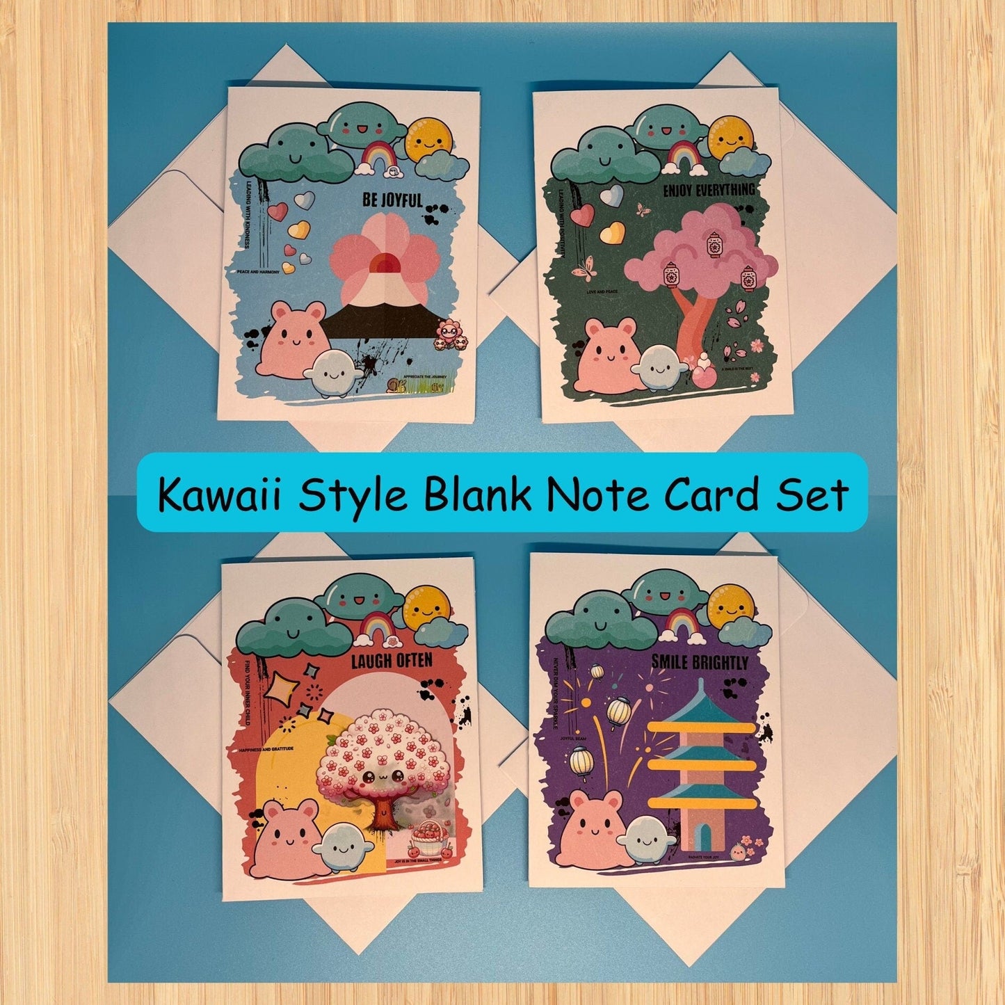 Cute Japanese Style Kawaii Notecards, Asian Style Blank Card Set, Friendship Positivity Encouragement Cards, Japanese Stationery Gift - JuzBecuzStationery