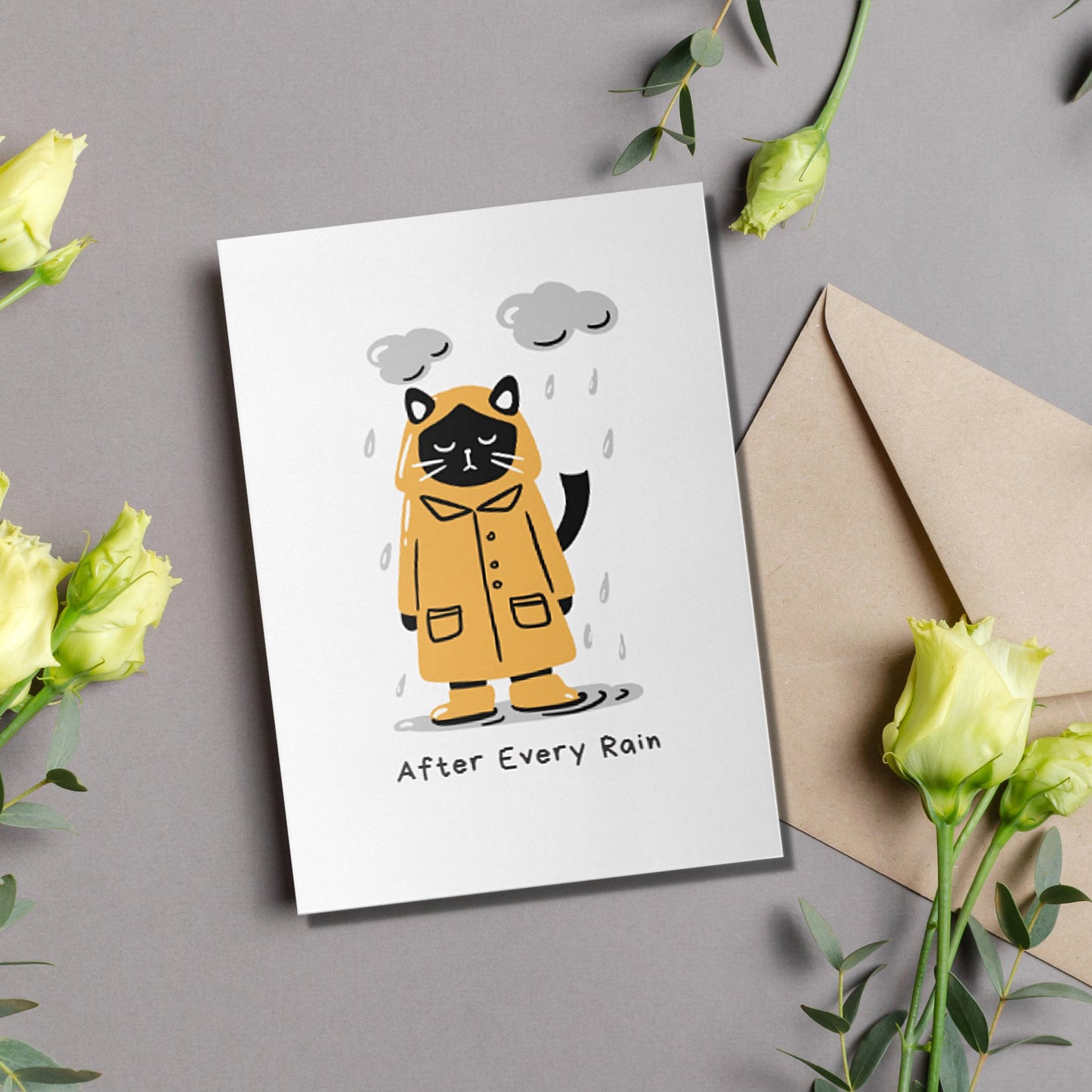 Encouraging Cat Greeting Card - "After Every Rain Comes Sunshine, Hang in There", Encouragement Card, Cheer - Up Card, Thinking of You Card - JuzBecuzStationery