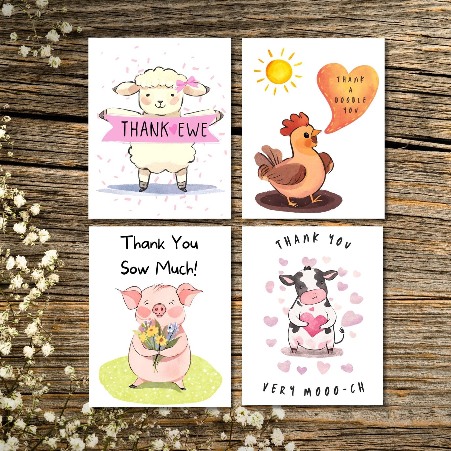 Farm Animal Thank You Notecards, Animal Pun Appreciation Cards, Blank Thank You Card Set, Gift for Animal Lover, Barnyard Friends Stationery - JuzBecuzStationery