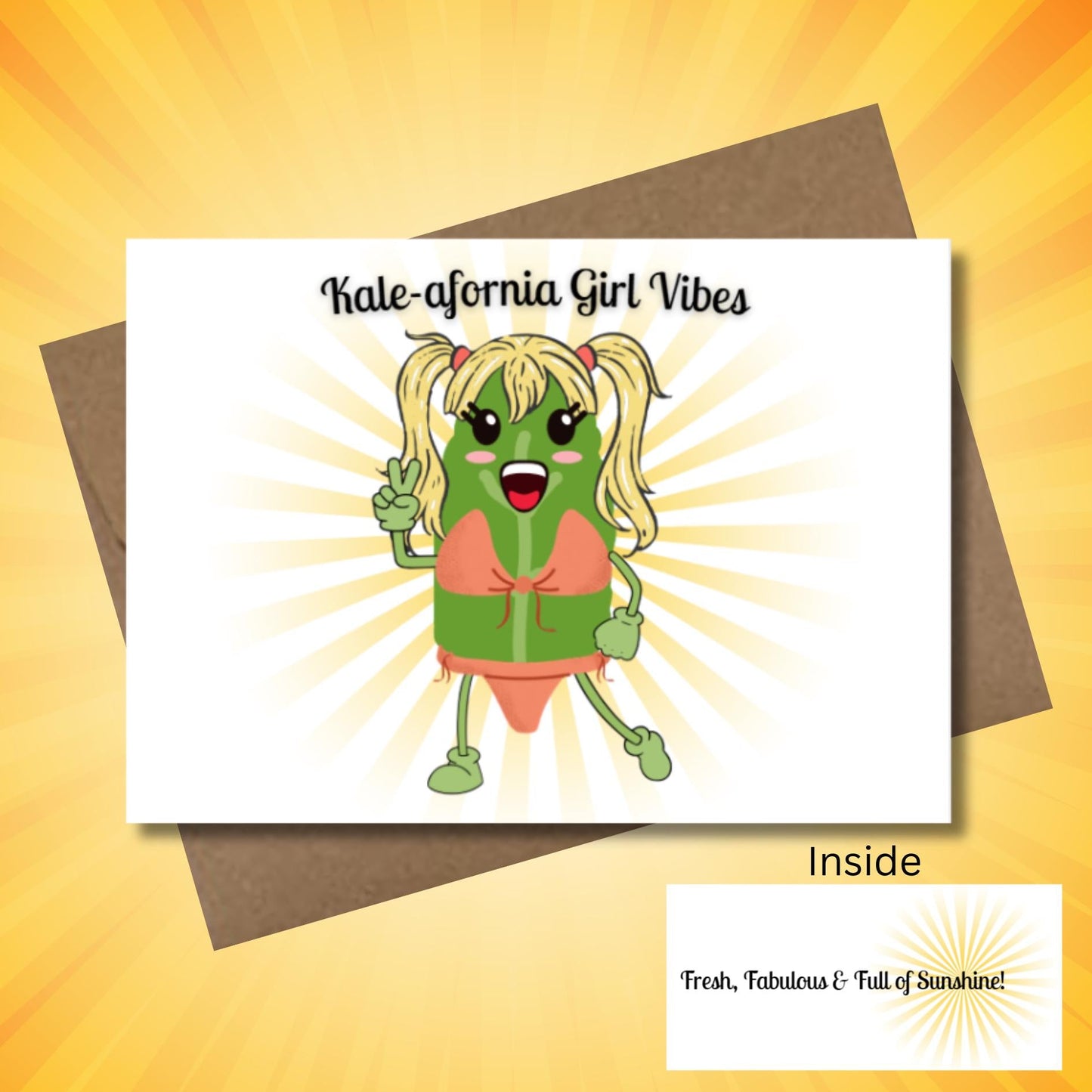 Kale - afornia Girl Vibes Greeting Card, Funny Summer Friendship Card, Kawaii Kale Pun Card, Positive Vibes Card, Encouragement Card For Her - JuzBecuzStationery
