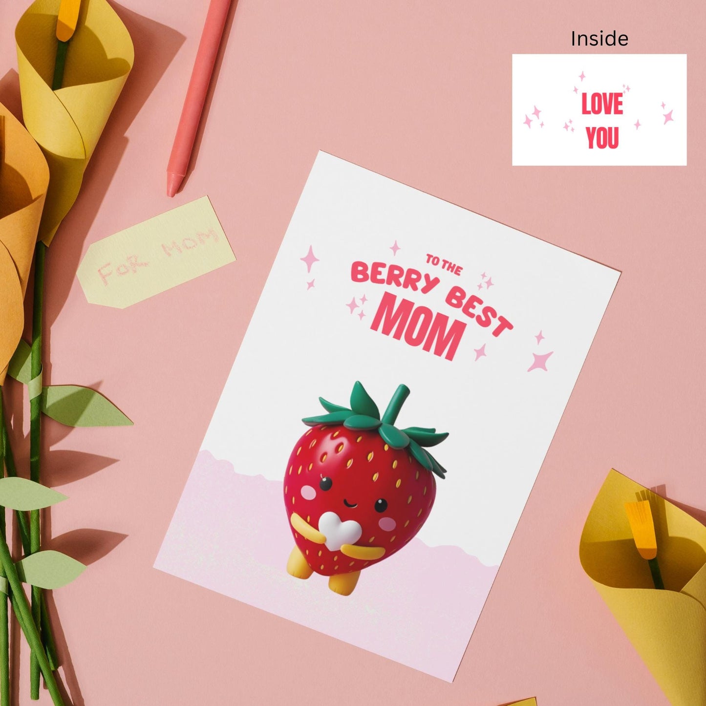 Strawberry Mom Card: Kawaii Punny Greeting Card - JuzBecuzStationery