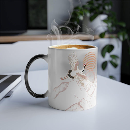 Beautiful Japanese Crane Color Changing Mug, Rising Sun Coffee Tea Gift, Japanese Art, Japandi Style Mug, Asian Coffee Mug - JuzBecuzStationery