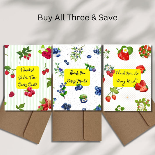 Berry Thank You Cards, Strawberry Thank You Card, Blueberry Card, Raspberry Card, Summer Fruit Gratitude Card, Gardencore Appreciation Gift - JuzBecuzStationery
