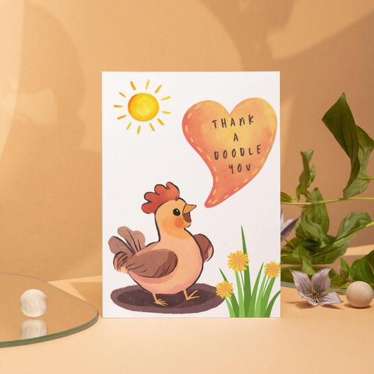 Charming Chicken Thank You Card, Thank A Doodle You Rooster Pun Greeting Card, Farm Animal Gratitude Notecard, Cute Barnyard Stationery - JuzBecuzStationery