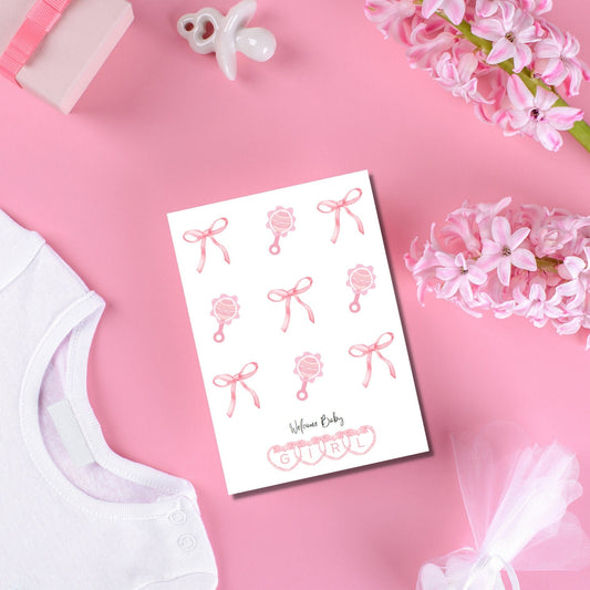 Coquette Baby Shower Greeting Card, Pink Bows & Rattles Newborn Card For New Mom and Dad, Welcome Baby Girl Congratulations Card - JuzBecuzStationery