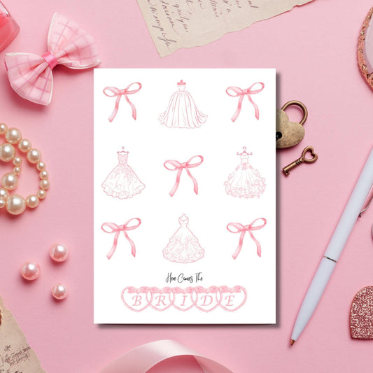 Coquette Bridal Shower Card, Pink Bows & Wedding Dresses Card, Romantic Wedding Shower Card, Girly Here Comes The Bride Card For Her - JuzBecuzStationery