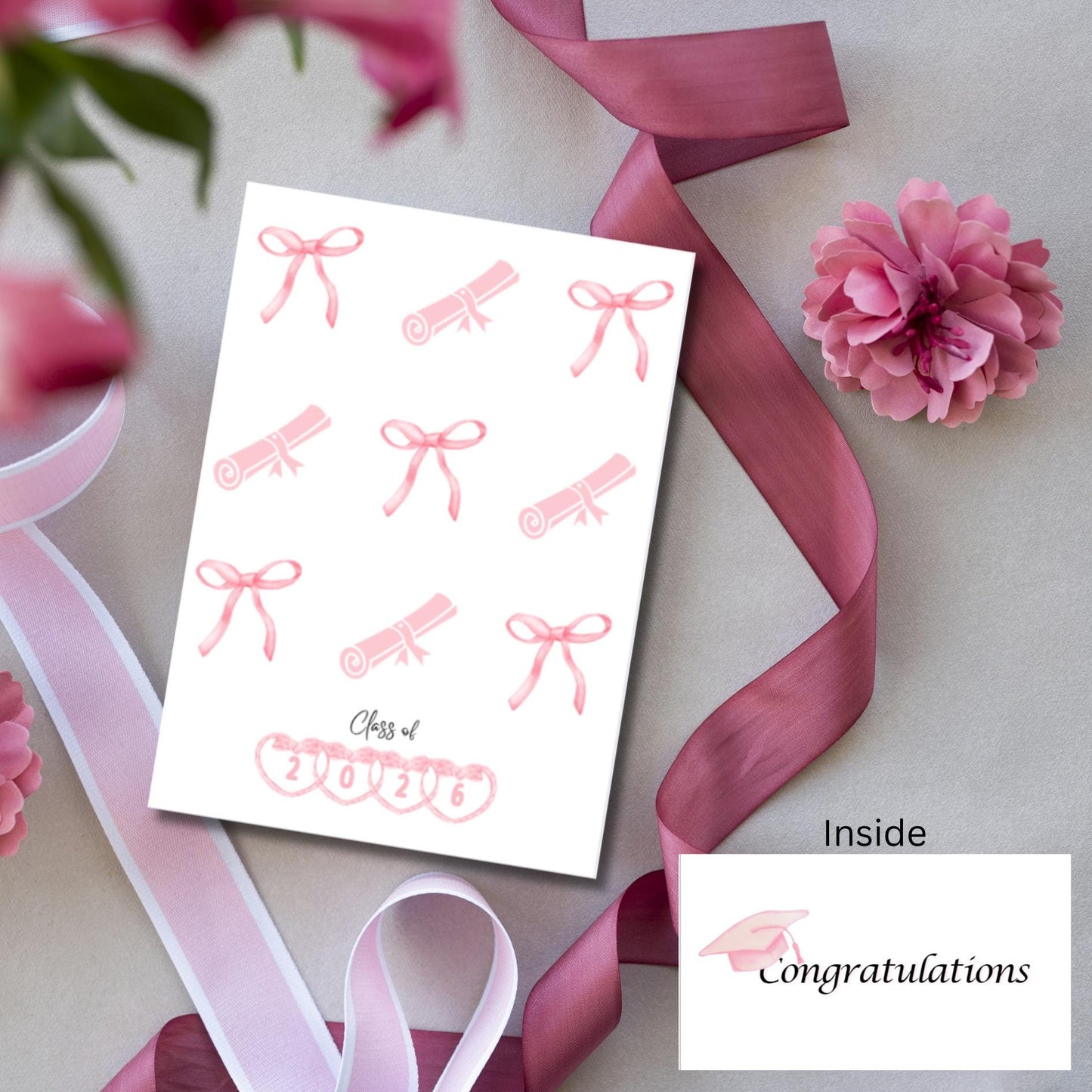 Coquette Graduation Card, Pink Bow Graduation Card For Girls, High School & College Graduation Card, Commencement Congratulations Card - JuzBecuzStationery