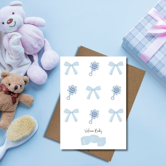 Coquette Style Baby Shower Greeting Card, Welcome Baby Boy, Blue Bows & Rattles Card For New Mom And Dad, Newborn Congratulations Card - JuzBecuzStationery