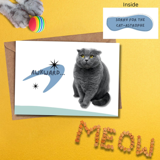 Cute Cat Apology Card, Cat - astrophe Cat Pun I'm Sorry Card, Punny Card For Cat Person, Pet Lover Greeting Card, Cute Animal Stationery - JuzBecuzStationery