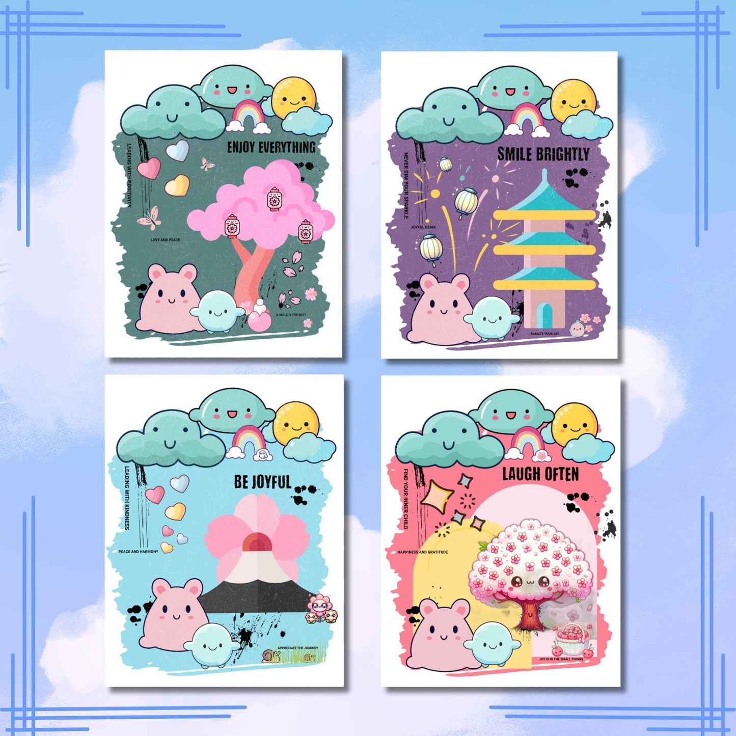 Cute Japanese Style Kawaii Notecards, Asian Style Blank Card Set, Friendship Positivity Encouragement Cards, Japanese Stationery Gift - JuzBecuzStationery