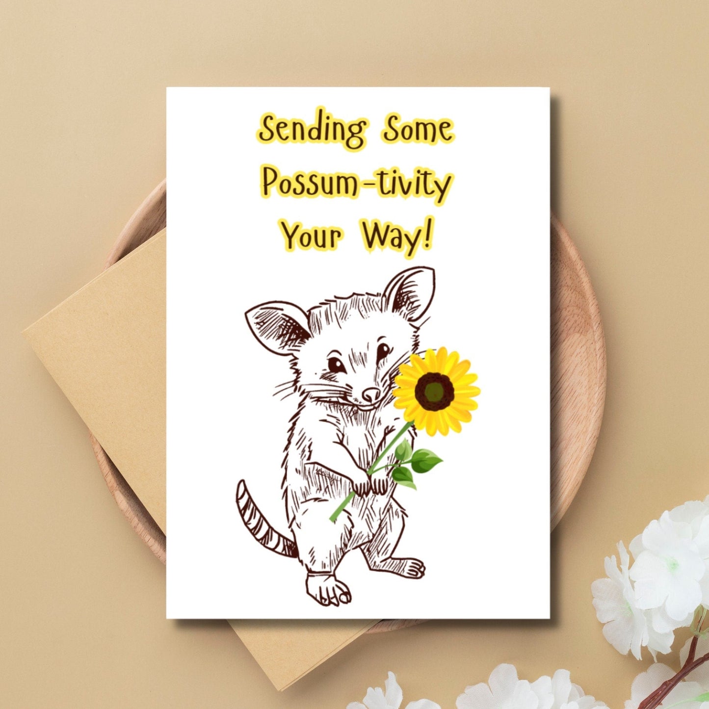 Cute Possum Encouragement Card, "Possum - tivity" Pun Get Well Card, Cute Animal Cheer - Up Just Because Card, Opposum Card, Sunflower Card - JuzBecuzStationery