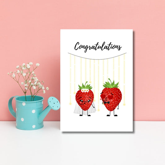 Cute Strawberry Bride & Groom Summer Wedding Card, Kawaii Style Wedding Congratulations, Berry Sweet Moments Punny Card, Bridal Shower Card - JuzBecuzStationery