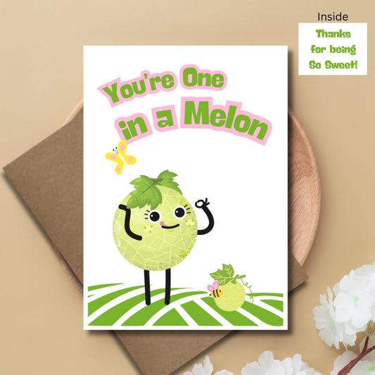 Cute You're One in a Melon Card Thank You Card, Kawaii Fruit Encouragement Card, Punny Appreciation Card, Sweet Friendship Card, - JuzBecuzStationery