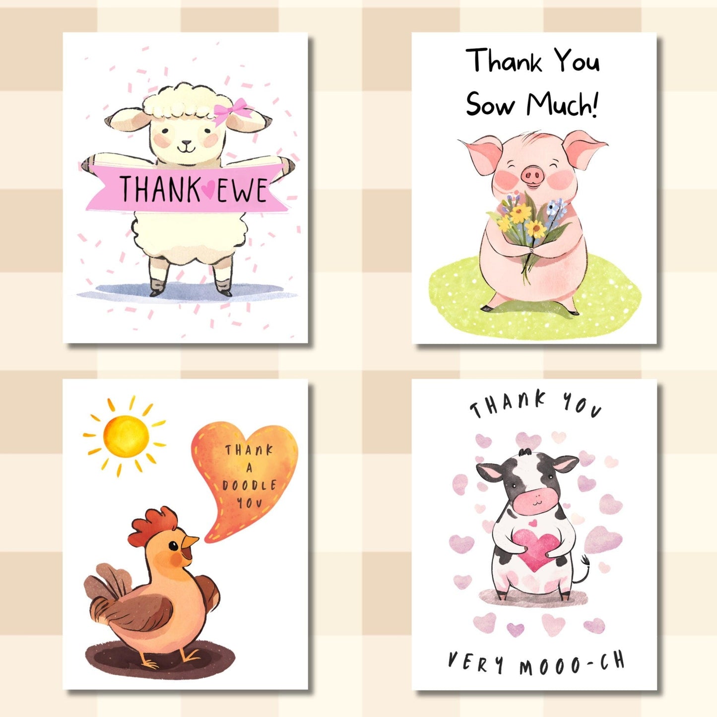 Farm Animal Thank You Cards: Barnyard Pun Appreciation Notes - JuzBecuzStationery