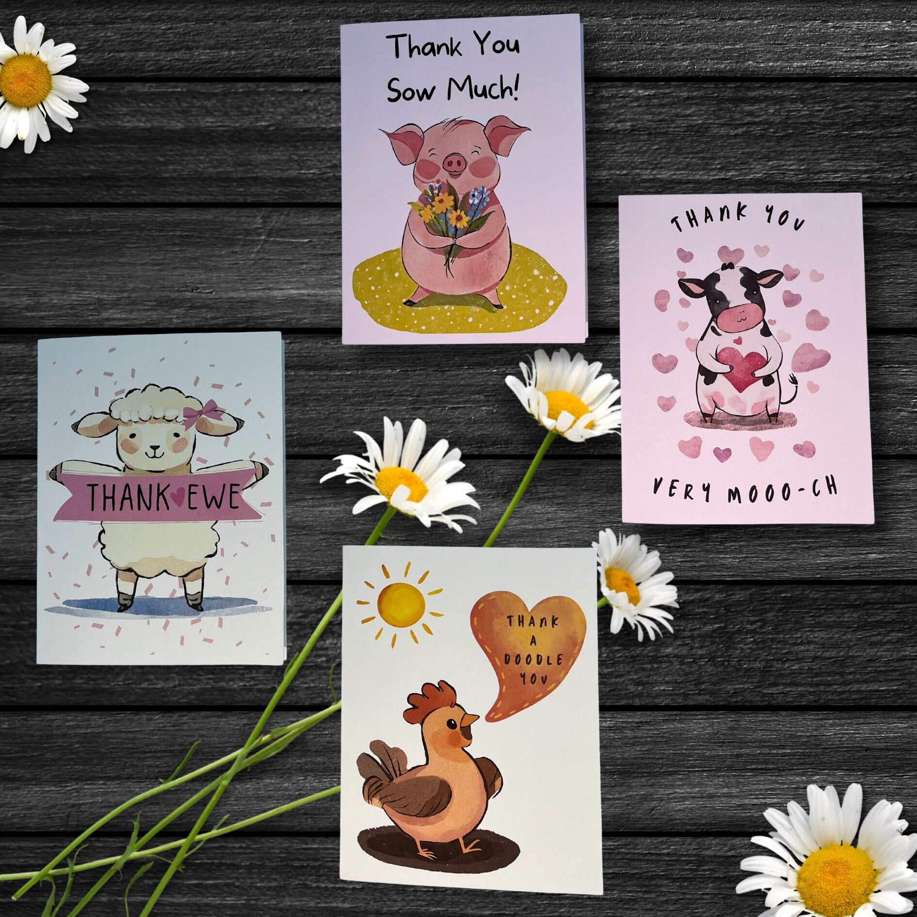 Farm Animal Thank You Cards: Barnyard Pun Appreciation Notes - JuzBecuzStationery