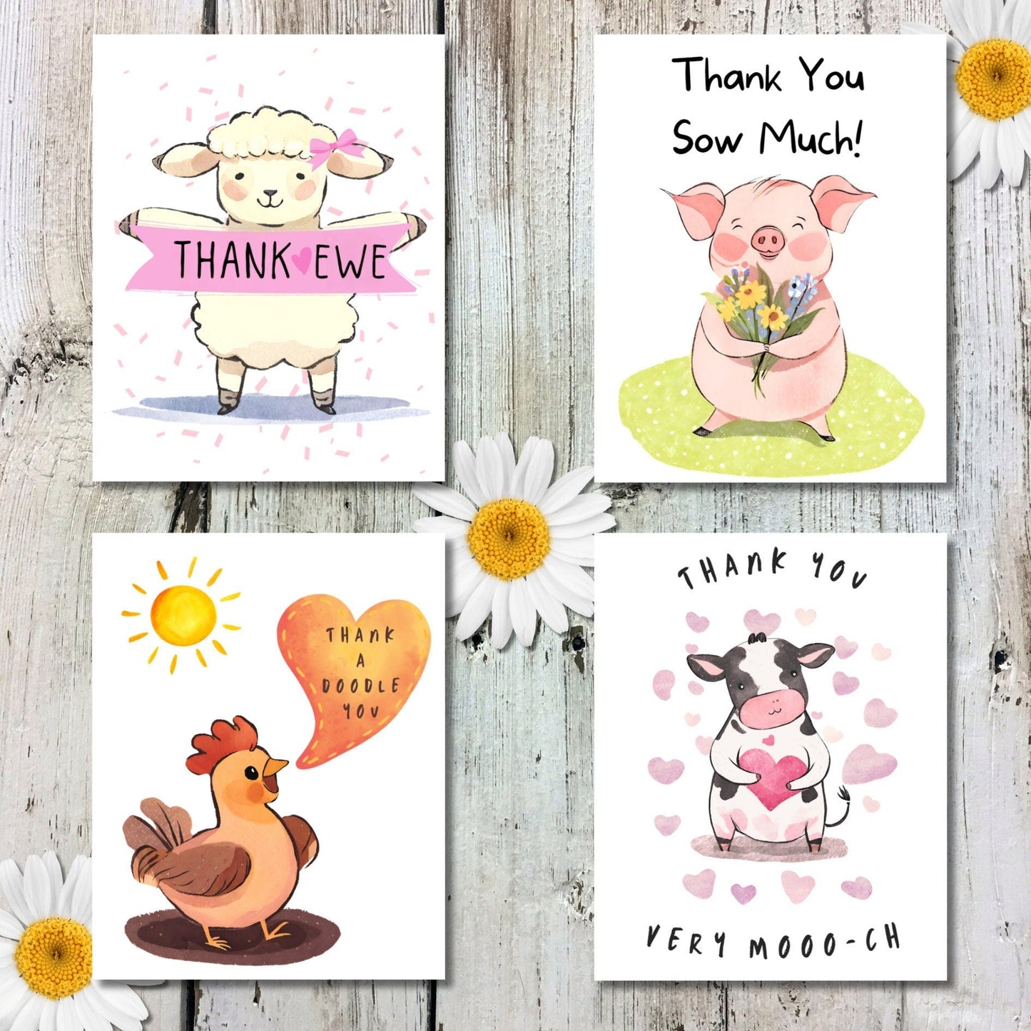 Farm Animal Thank You Cards: Barnyard Pun Appreciation Notes - JuzBecuzStationery