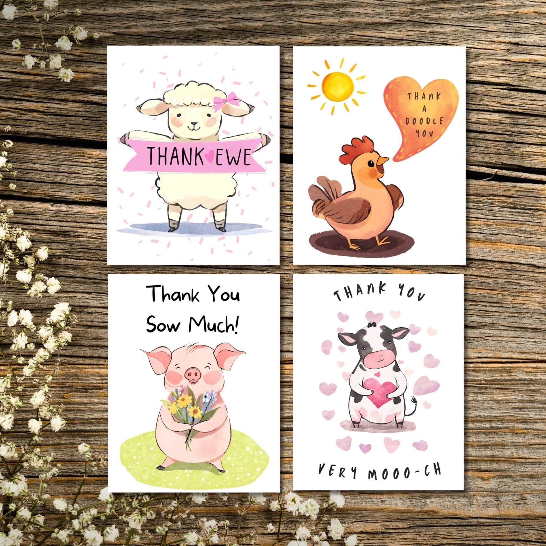 Farm Animal Thank You Notecards, Animal Pun Appreciation Cards, Blank Thank You Card Set, Gift for Animal Lover, Barnyard Friends Stationery - JuzBecuzStationery