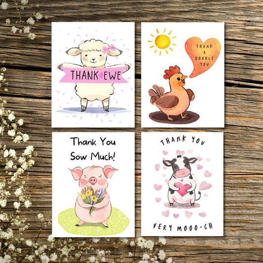 Farm Animal Thank You Notecards, Animal Pun Appreciation Cards, Blank Thank You Card Set, Gift for Animal Lover, Barnyard Friends Stationery - JuzBecuzStationery