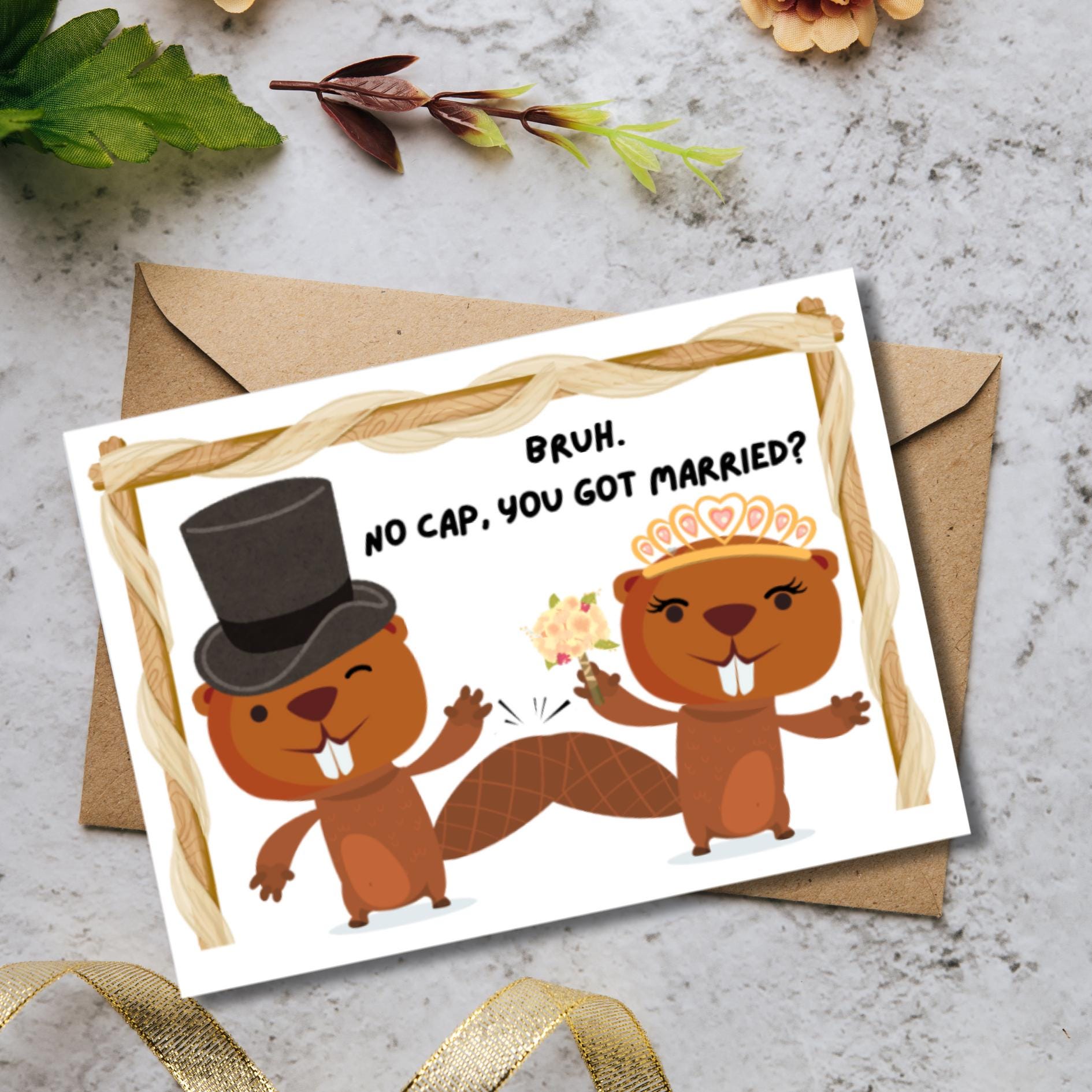 Funny Gen Z Wedding Card: "That Slaps" Beaver Couple - JuzBecuzStationery