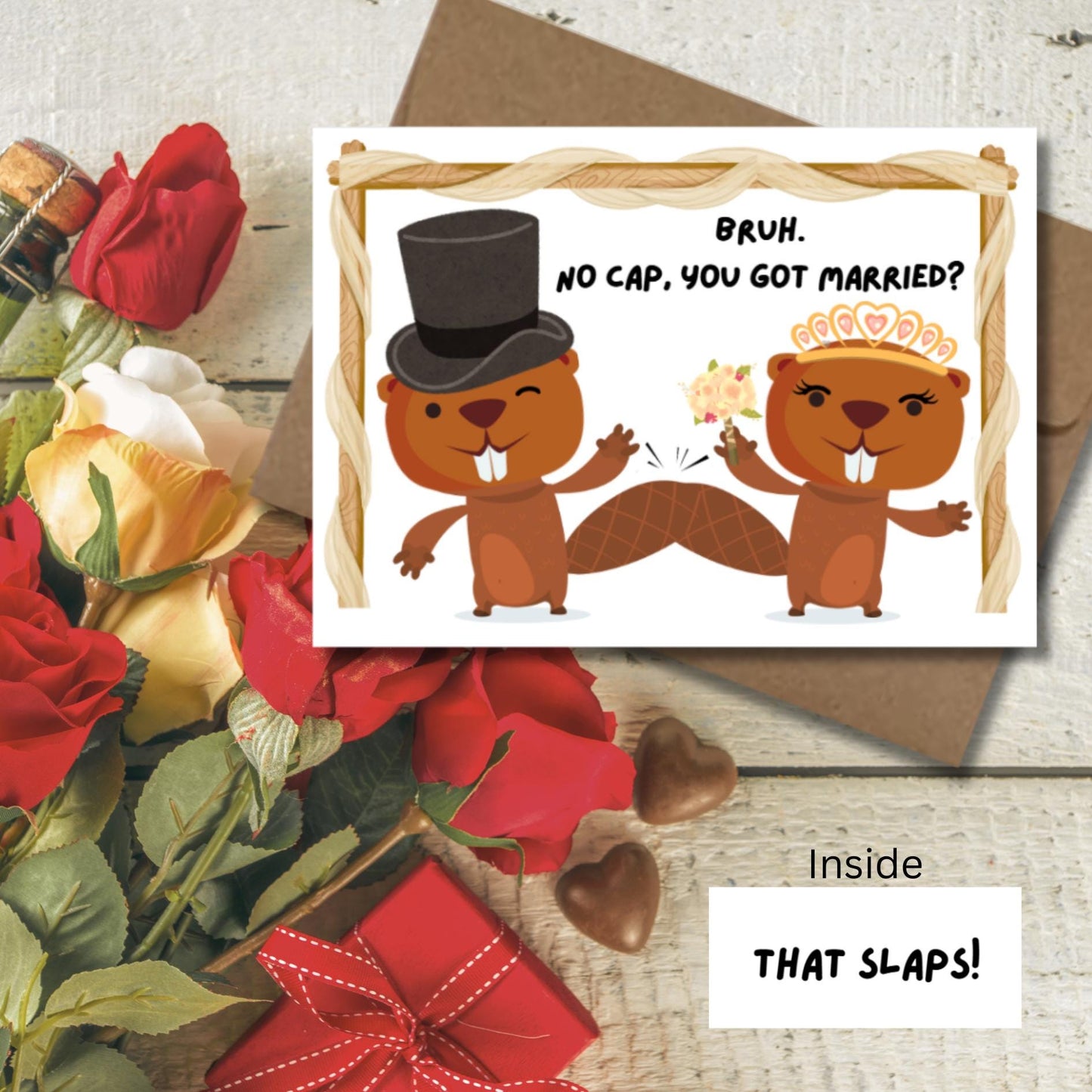 Funny Gen Z Wedding Card: "That Slaps" Beaver Couple - JuzBecuzStationery