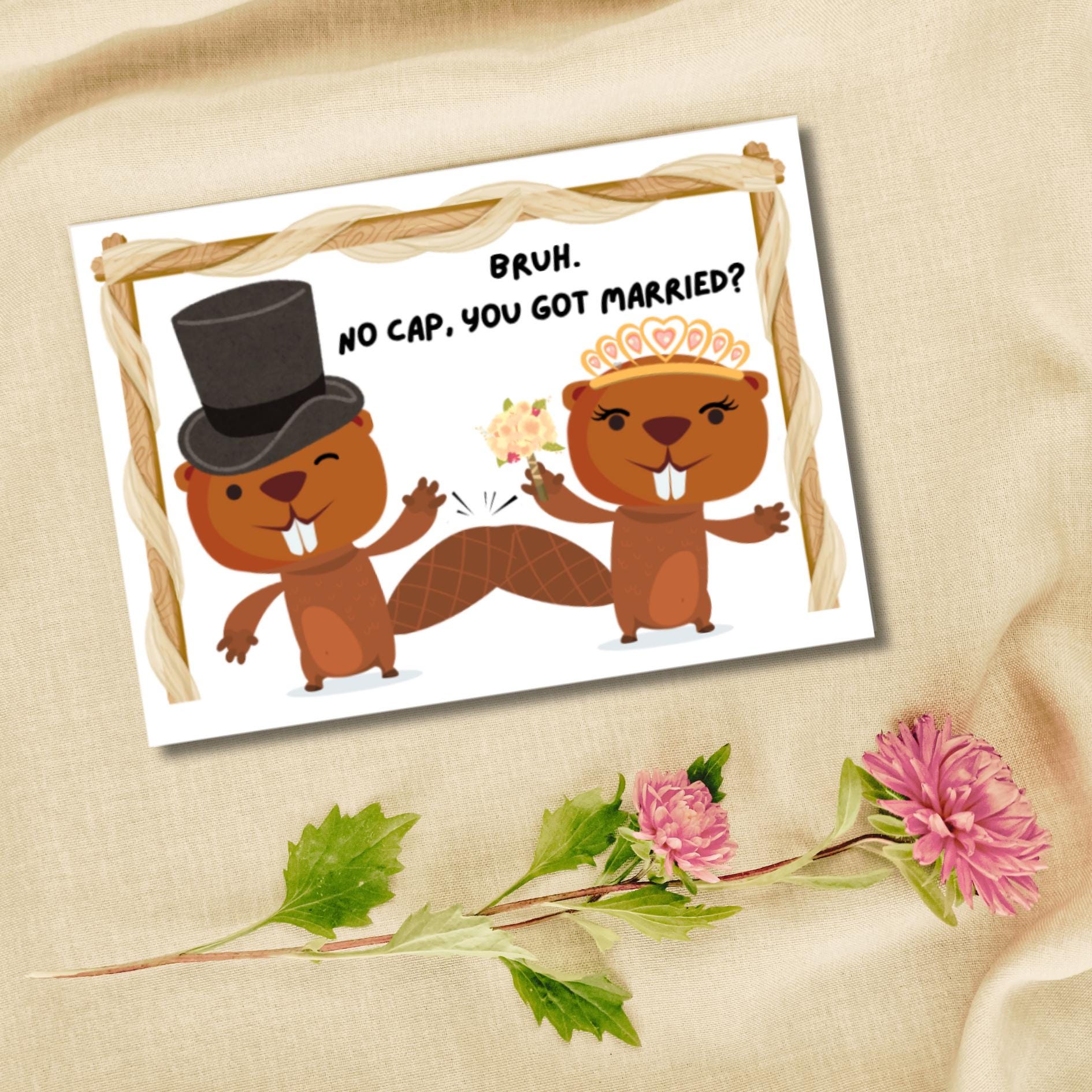 Funny Gen Z Wedding Card: "That Slaps" Beaver Couple - JuzBecuzStationery