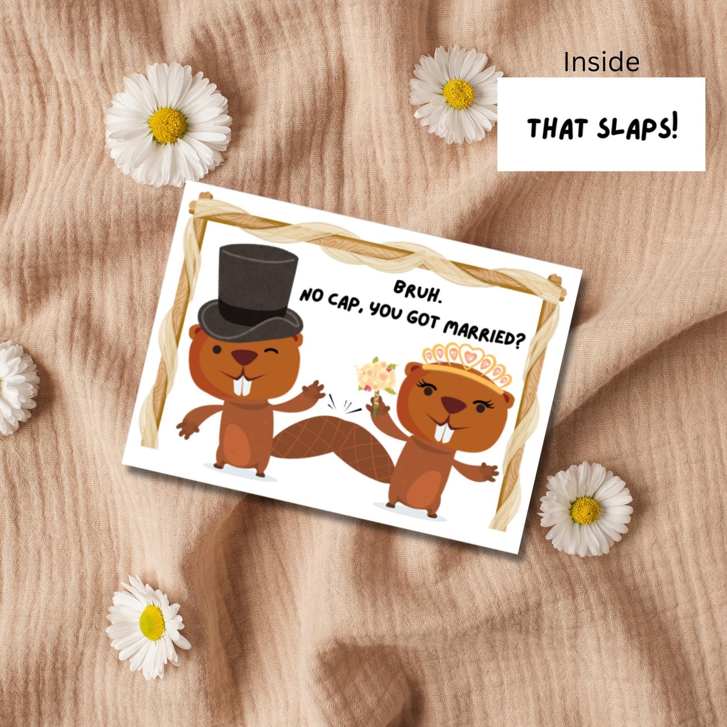 Funny Gen Z Wedding Card: "That Slaps" Beaver Couple - JuzBecuzStationery