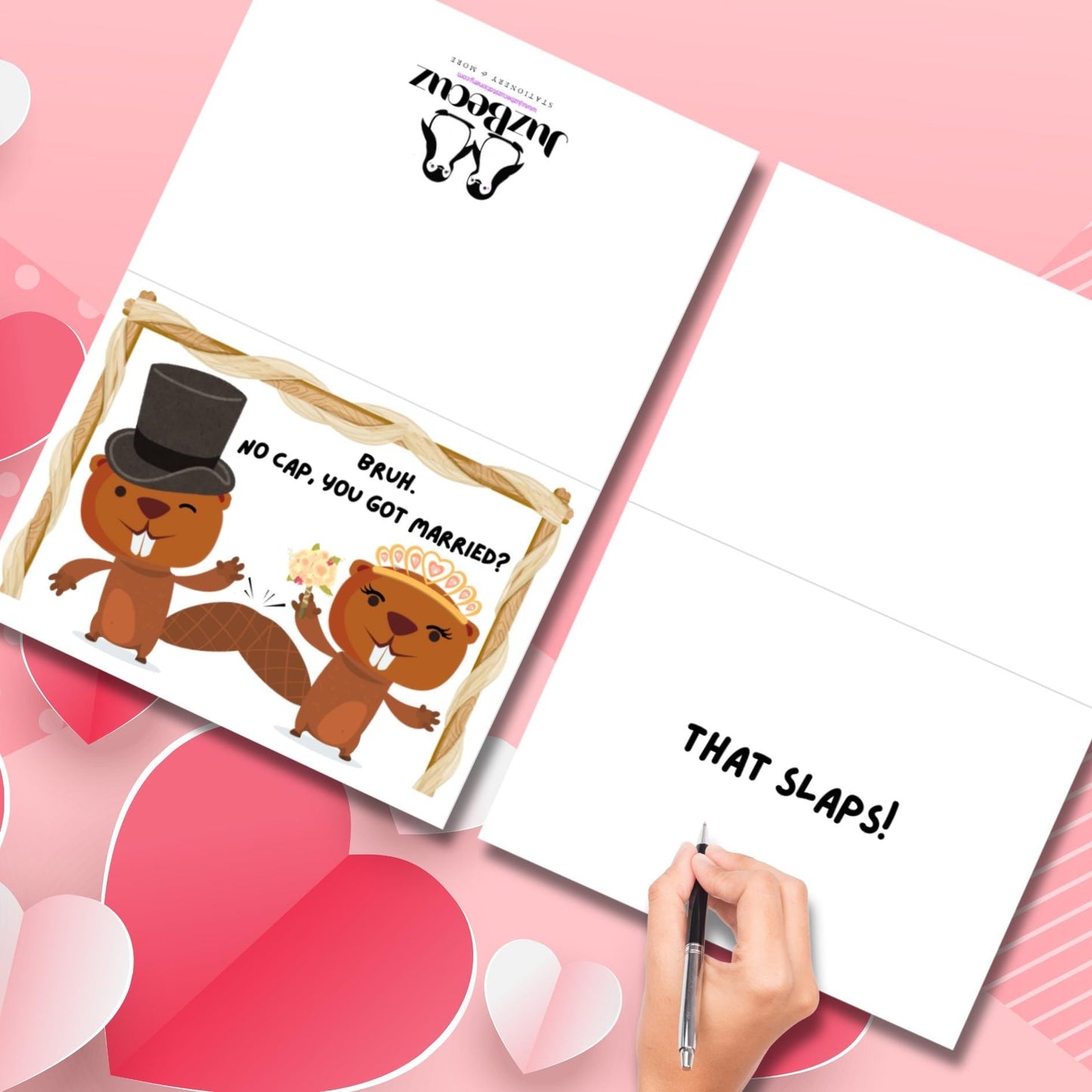Funny Gen Z Wedding Card: "That Slaps" Beaver Couple - JuzBecuzStationery