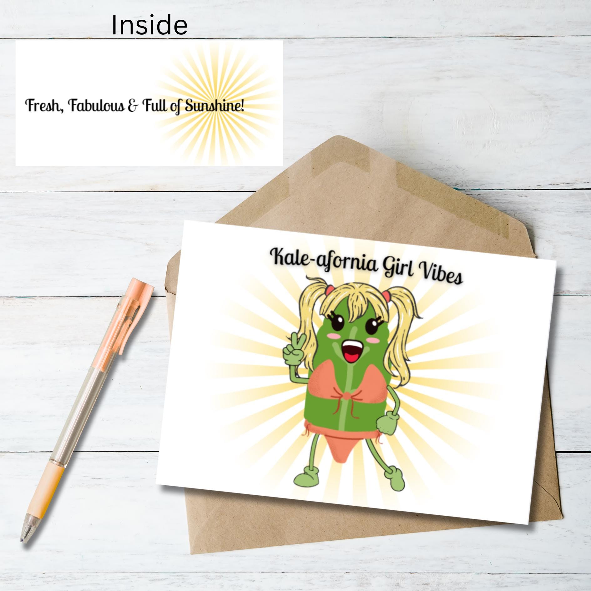 Funny Kale - afornia Girl Greeting Card: Kawaii Friendship Pun - JuzBecuzStationery