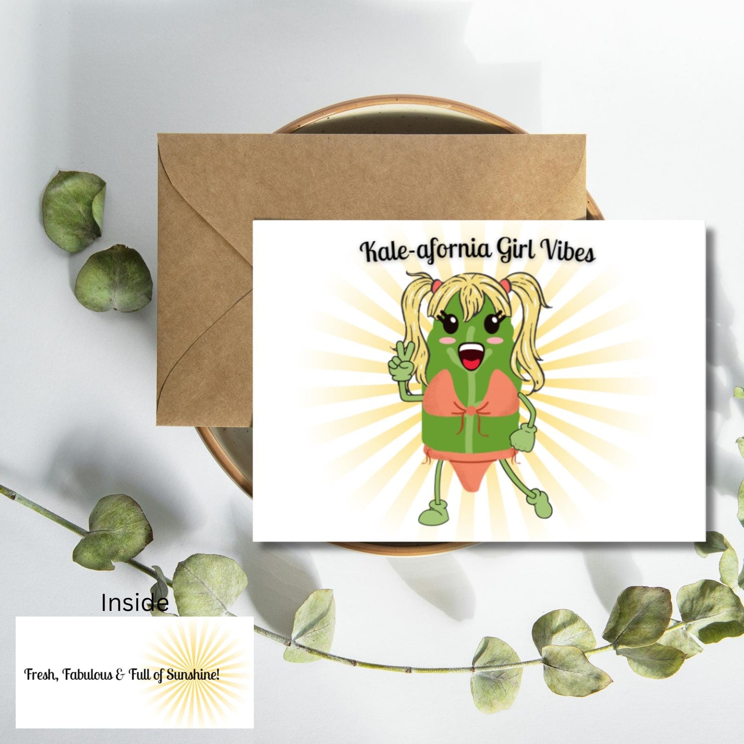 Funny Kale - afornia Girl Greeting Card: Kawaii Friendship Pun - JuzBecuzStationery