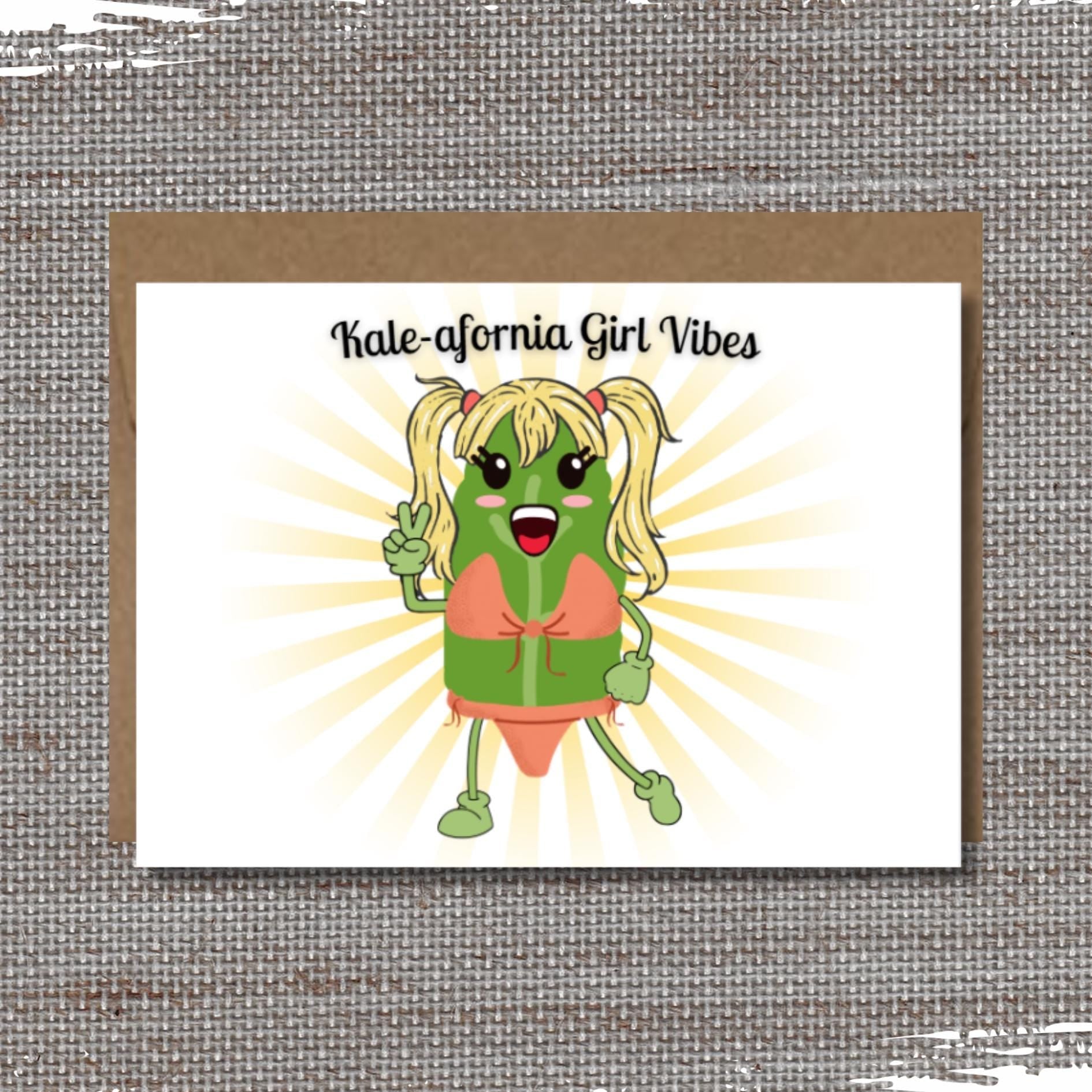 Funny Kale - afornia Girl Greeting Card: Kawaii Friendship Pun - JuzBecuzStationery