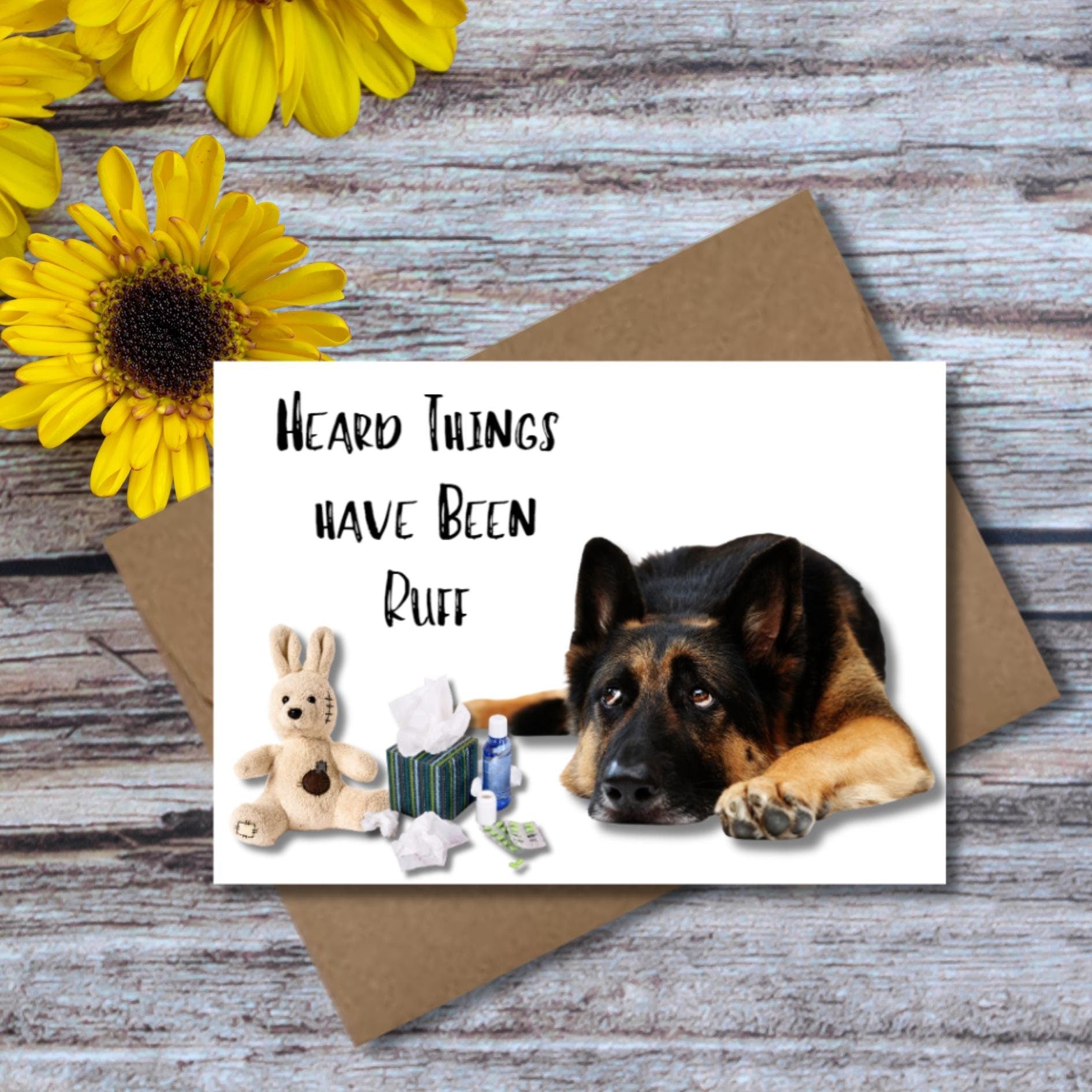 German Shepherd Get Well Card, Heard Things Have Been Ruff Dog Pun Card, Doggy Encouragement Cheer Up Note, Feel Better Card For Pet Lover - JuzBecuzStationery