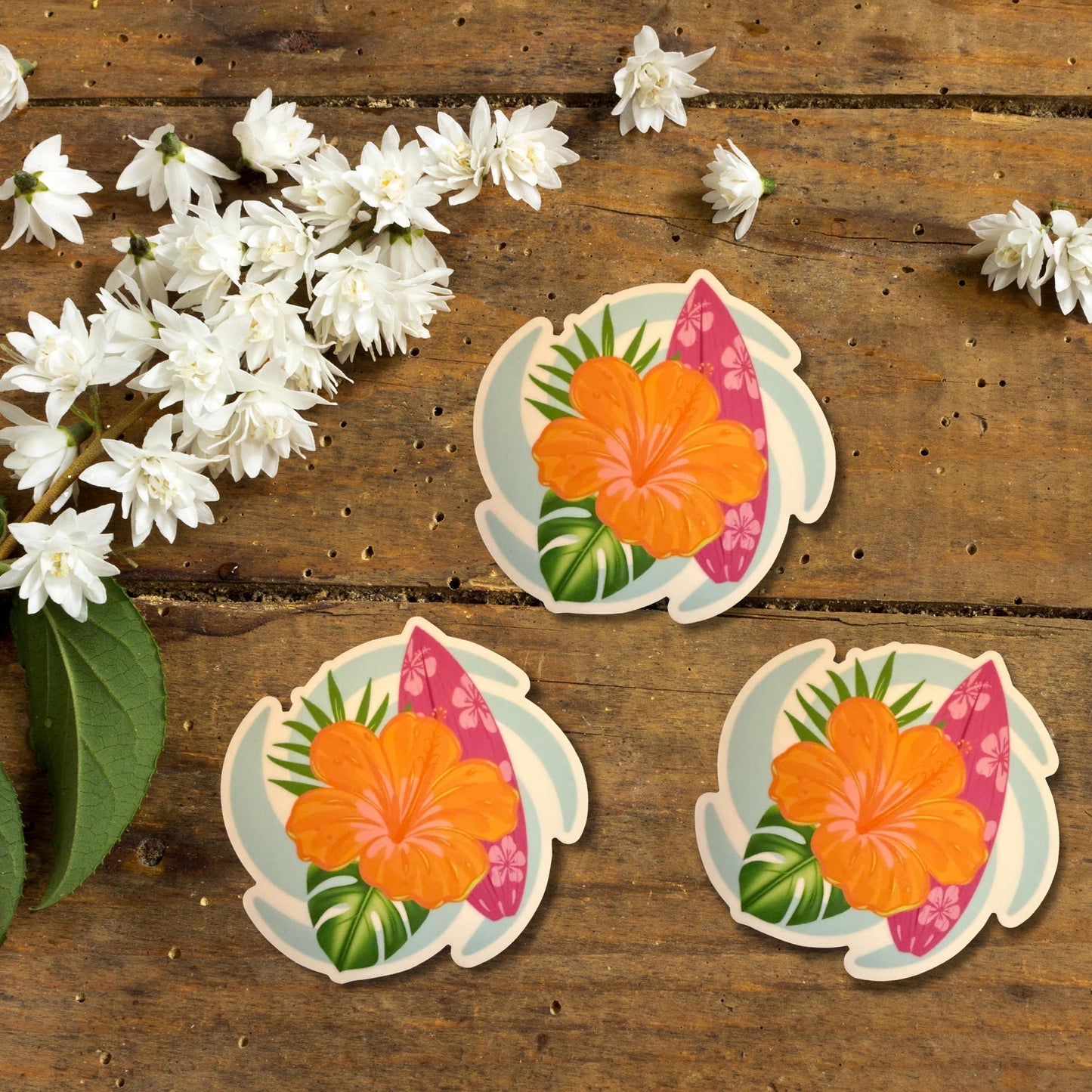 Hawaiian Hibiscus Vinyl Sticker – Tropical Surfboard 3x3 Waterproof Flower Decal for Laptops, Water Bottles & Journals - JuzBecuzStationery