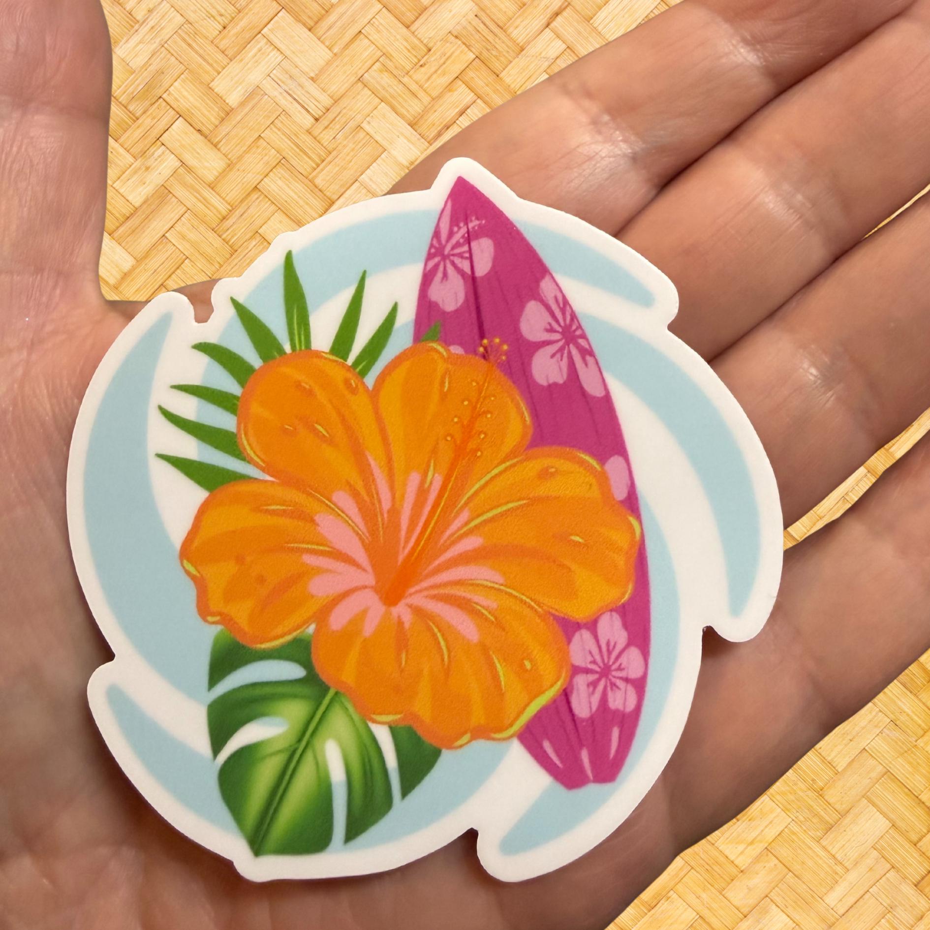 Hawaiian Hibiscus Vinyl Sticker – Tropical Surfboard 3x3 Waterproof Flower Decal for Laptops, Water Bottles & Journals - JuzBecuzStationery