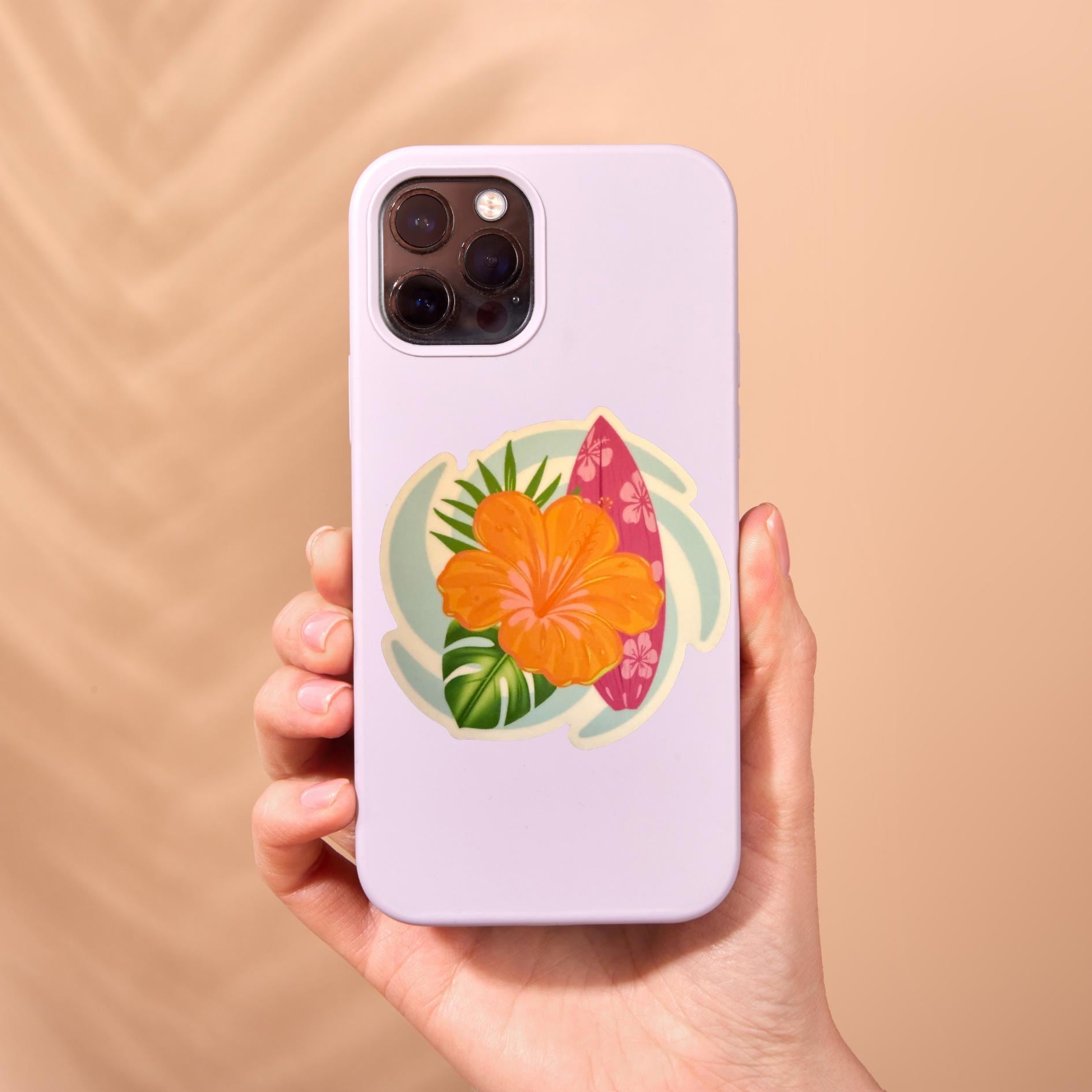 Hawaiian Hibiscus Vinyl Sticker – Tropical Surfboard 3x3 Waterproof Flower Decal for Laptops, Water Bottles & Journals - JuzBecuzStationery
