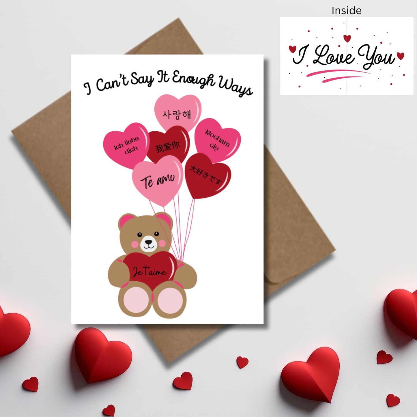 Multilingual I Love You Greeting Card, Cute Bear With Heart Couples Card, Kawaii Anniversary Card, Romantic International Love Note Card