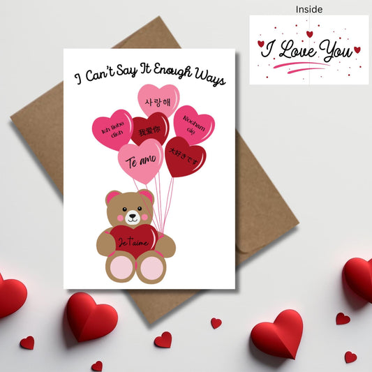 Multilingual I Love You Greeting Card, Cute Bear With Heart Couples Card, Kawaii Anniversary Card, Romantic International Love Note Card