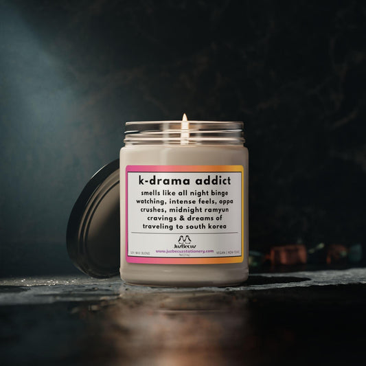 K - Drama Addict Candle – Funny 9oz Soy Wax Candle for KDrama Fans, Korean Oppa Obsessed Gift, Binge Watch Addict Vibes, Kdrama Dorm Decor - JuzBecuzStationery