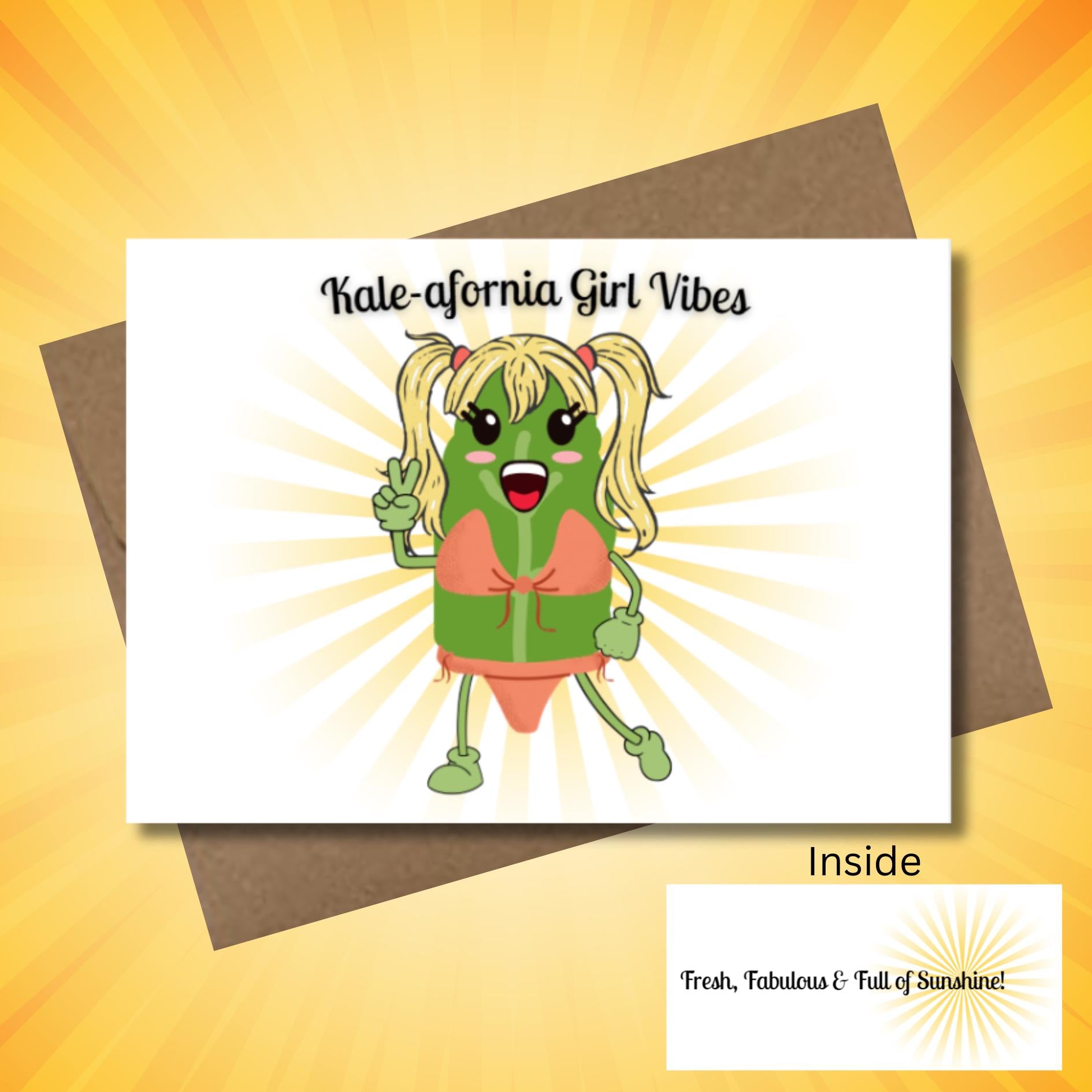 Kale - afornia Girl Vibes Greeting Card, Funny Summer Friendship Card, Kawaii Kale Pun Card, Positive Vibes Card, Encouragement Card For Her - JuzBecuzStationery