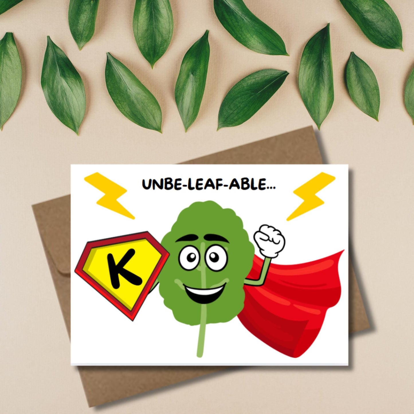 Kale Superhero Encouragement Card, Punny Unbeleafable Kaleing It Card, Vegan Inspired Motivational Card, Uplifting Friendship Note Card - JuzBecuzStationery