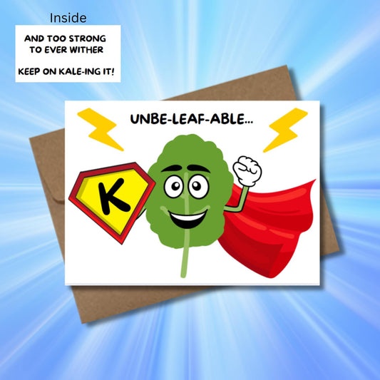 Kale Superhero Encouragement Card, Punny Unbeleafable Kaleing It Card, Vegan Inspired Motivational Card, Uplifting Friendship Note Card - JuzBecuzStationery