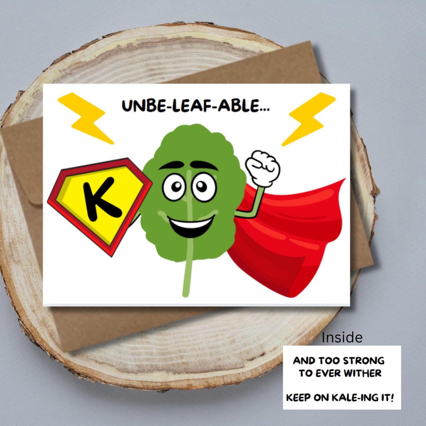Kale Superhero Encouragement Card, Punny Unbeleafable Kaleing It Card, Vegan Inspired Motivational Card, Uplifting Friendship Note Card - JuzBecuzStationery