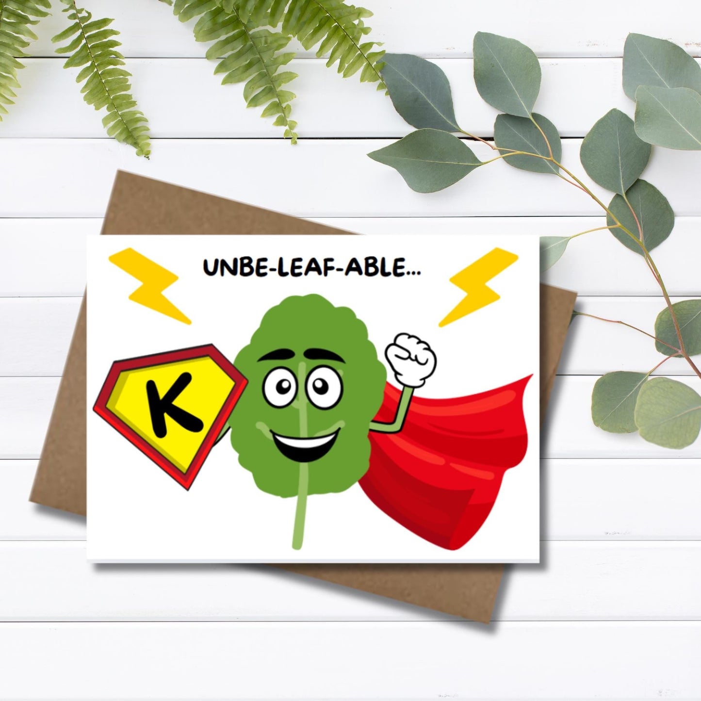 Kale Superhero Encouragement Card, Punny Unbeleafable Kaleing It Card, Vegan Inspired Motivational Card, Uplifting Friendship Note Card - JuzBecuzStationery