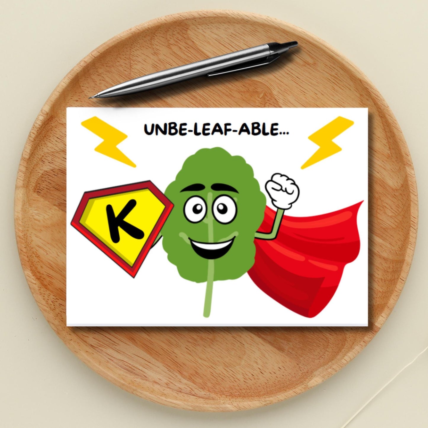 Kale Superhero Encouragement Card, Punny Unbeleafable Kaleing It Card, Vegan Inspired Motivational Card, Uplifting Friendship Note Card - JuzBecuzStationery