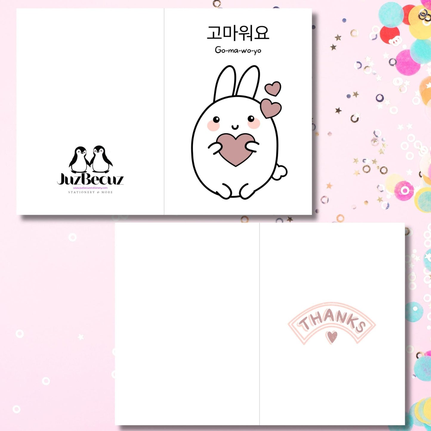 Kawaii Bunny Gomawoyo Thank You Card: Korean Hangul Gratitude - JuzBecuzStationery