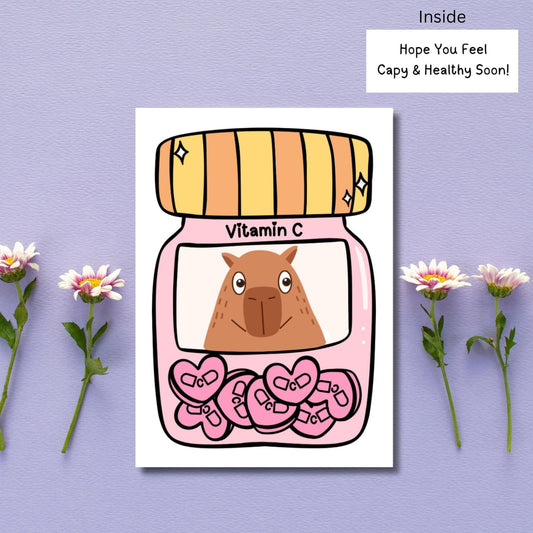 Kawaii Capybara Get Well Card, Punny Vitamin C Capy & Healthy Greeting Card, Healing Wishes Recovery Card, Pink Feel Better Note Card - JuzBecuzStationery