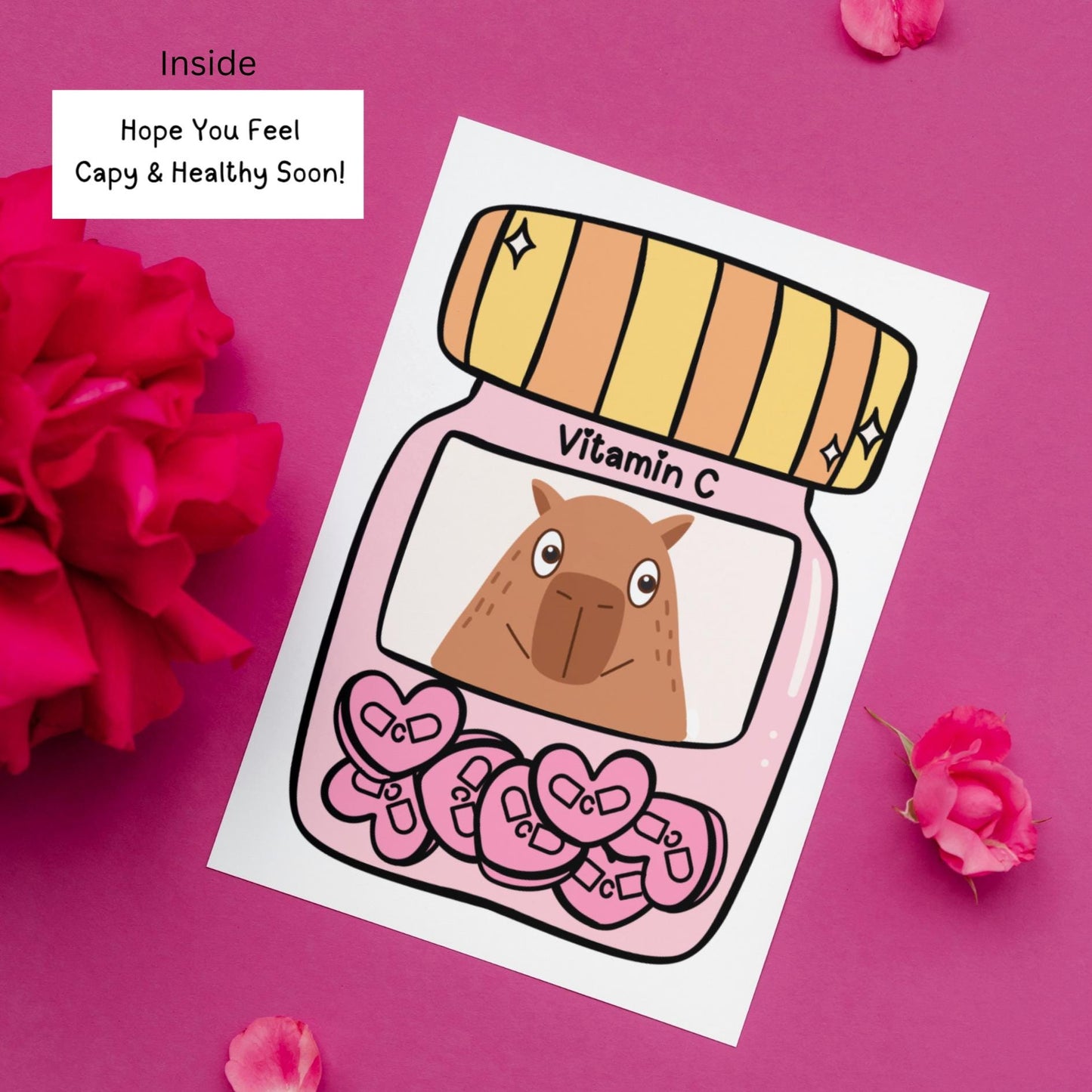 Kawaii Capybara Get Well Card: Punny Vitamin C Healing Wishes - JuzBecuzStationery