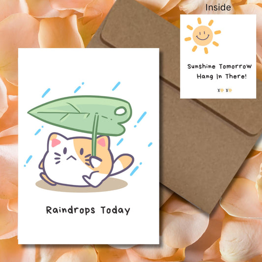 Kawaii Cat In The Rain Encouragement Card, Cute Cat Cheer Up Card, Hang In There Card For Cat Lover, Adorable Cat Stationery, Support Card - JuzBecuzStationery